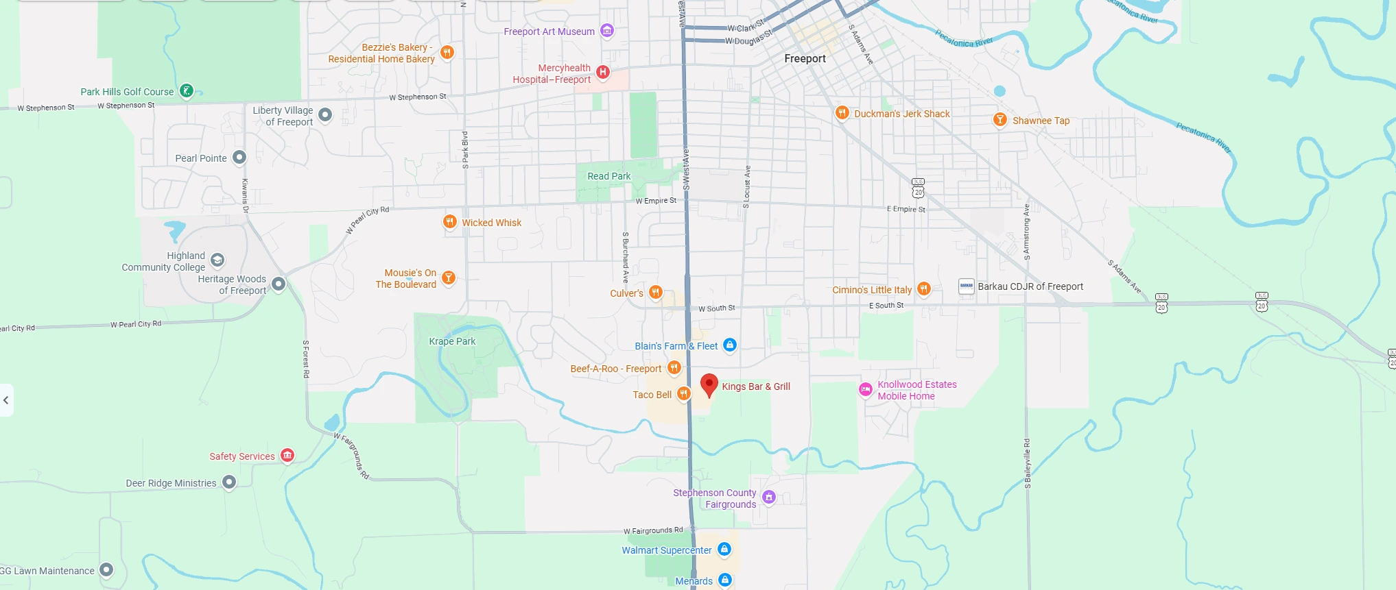 Map of Freeport with Kings Bar & Grill marked on South West Avenue, south of South Street and north of the Stephenson County Fairgrounds